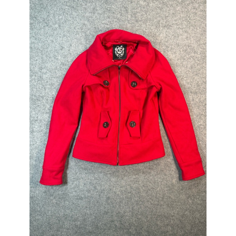 G by GUESS Womens Red Full Zip Moto Style Jacket Large Collar Size S
